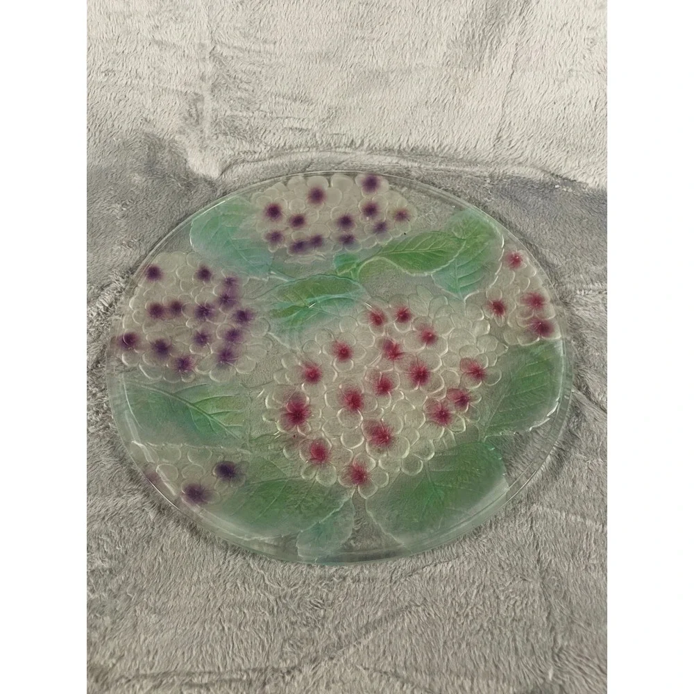 VTG 90s Glass Hydrangea Plate  Frosted Floral Embossed Charger Serving Platter